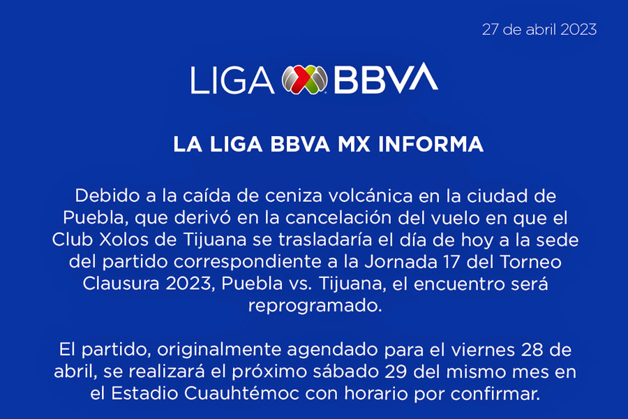 Posponen juego Puebla-Xolos por caída de ceniza volcánica