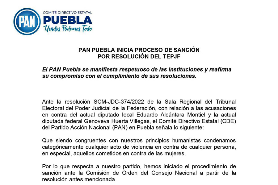 Inició PAN procedimiento para sancionar a Eduardo Alcántara y a Genoveva Huerta