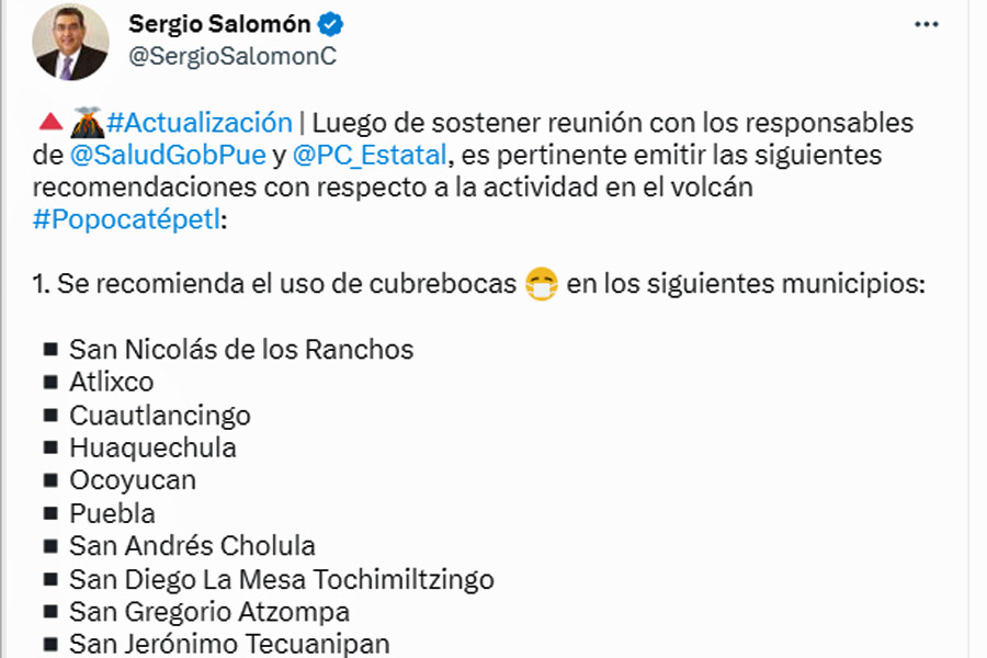 Recomienda gobierno de Puebla uso de cubrebocas en 16 municipios por caída de ceniza