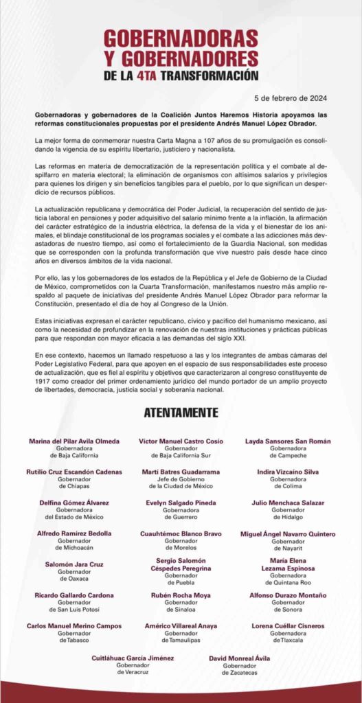 Iniciativas de López Obrador para reformar la Carta Magna reciben respaldo de Céspedes y mandatarios morenistas