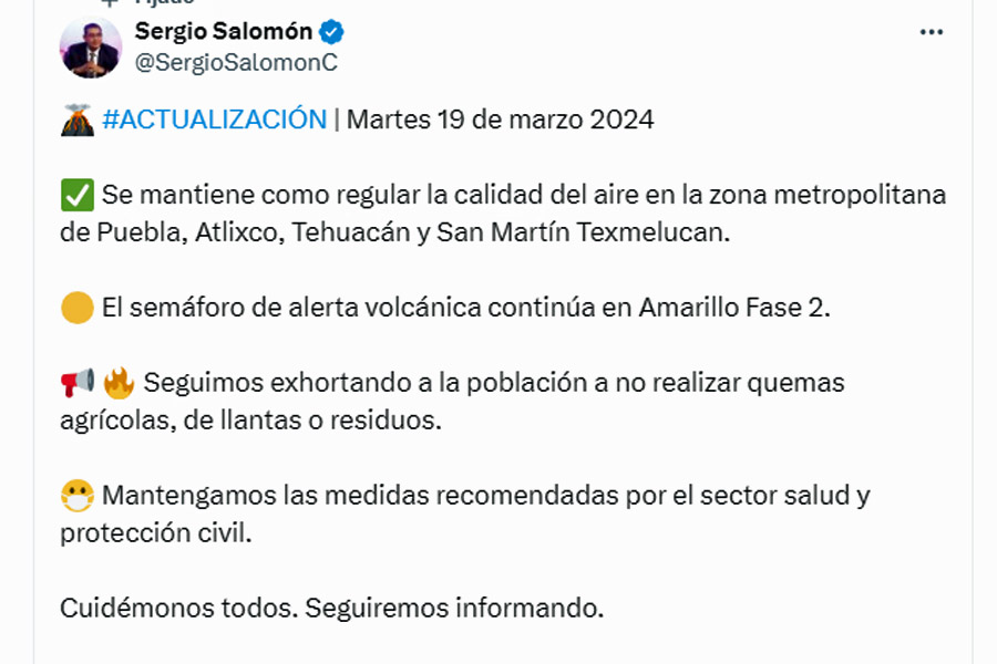 Reportó Puebla regular calidad del aire pese a caída de ceniza