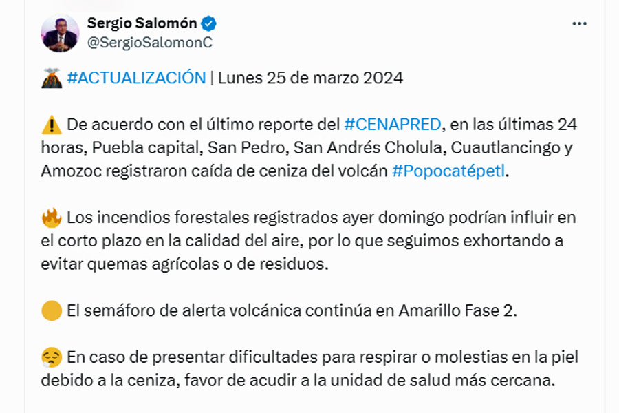 Caída de ceniza genera regular calidad del aire en Puebla