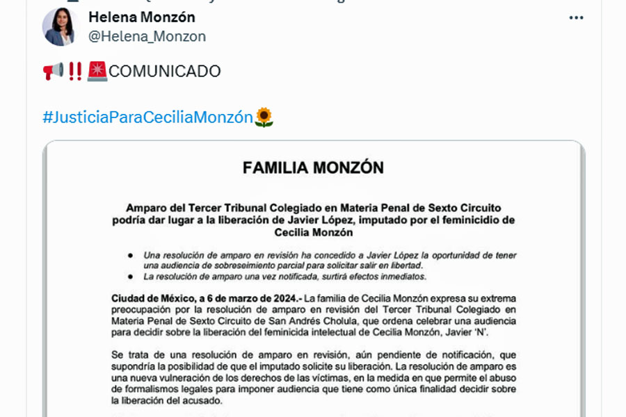 Zavala a punto de quedar libre por amparo: advierte Helena Monzón y exige justicia para Cecilia