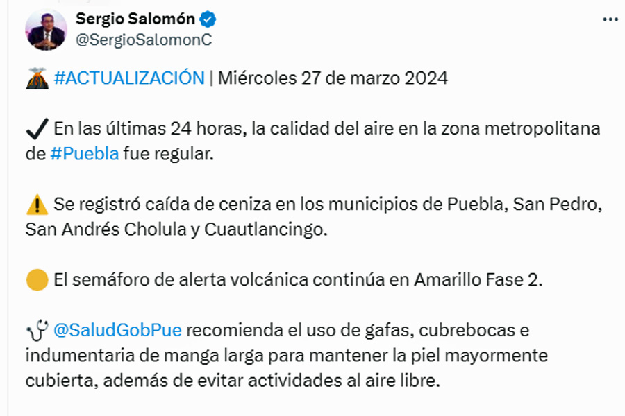 Calidad del aire en Puebla es regular por caída de ceniza e incendios