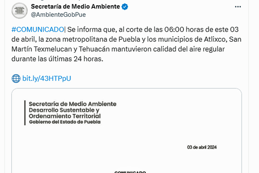 Registró Puebla regular calidad del aire por caída de ceniza