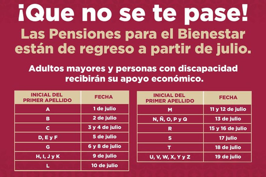 Del 8 al 12 de julio, sigue cobro de pensión del Bienestar